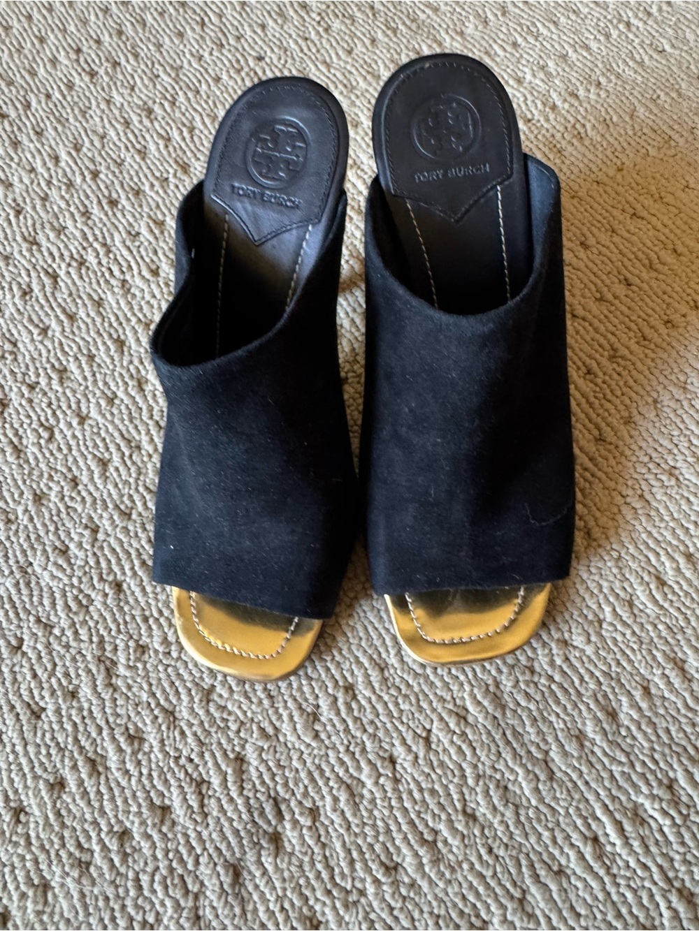 Tory Burch Black Suede Slide Mules with Tan Footbed